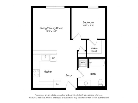 a floor plan of a studio apartment with a bedroom and a living room